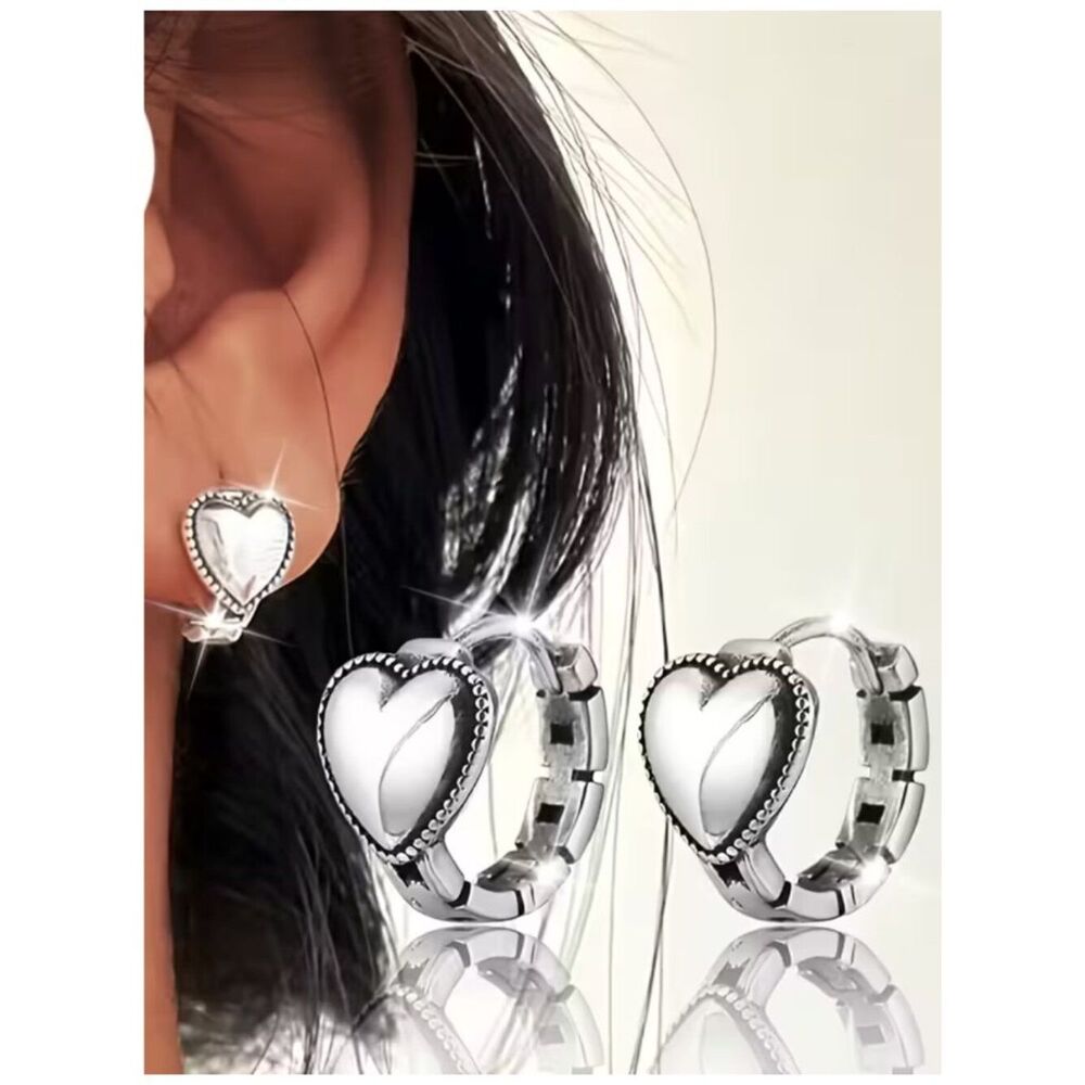Trendy Huggie Hoop Heart-Shape Earrings S925 Silver-Plate Stamped